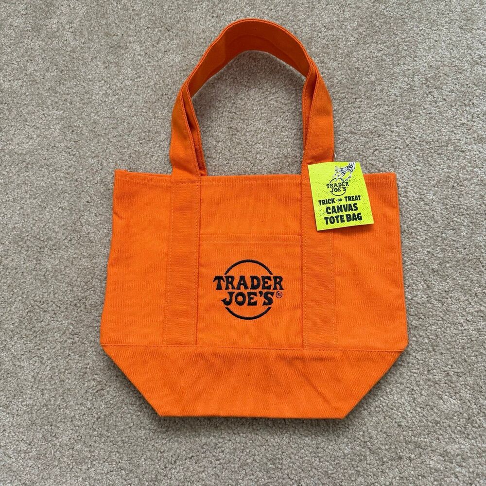 Trader Joes Halloween Mini Canvas Tote Bag Trick or Treat Orange Black NWT